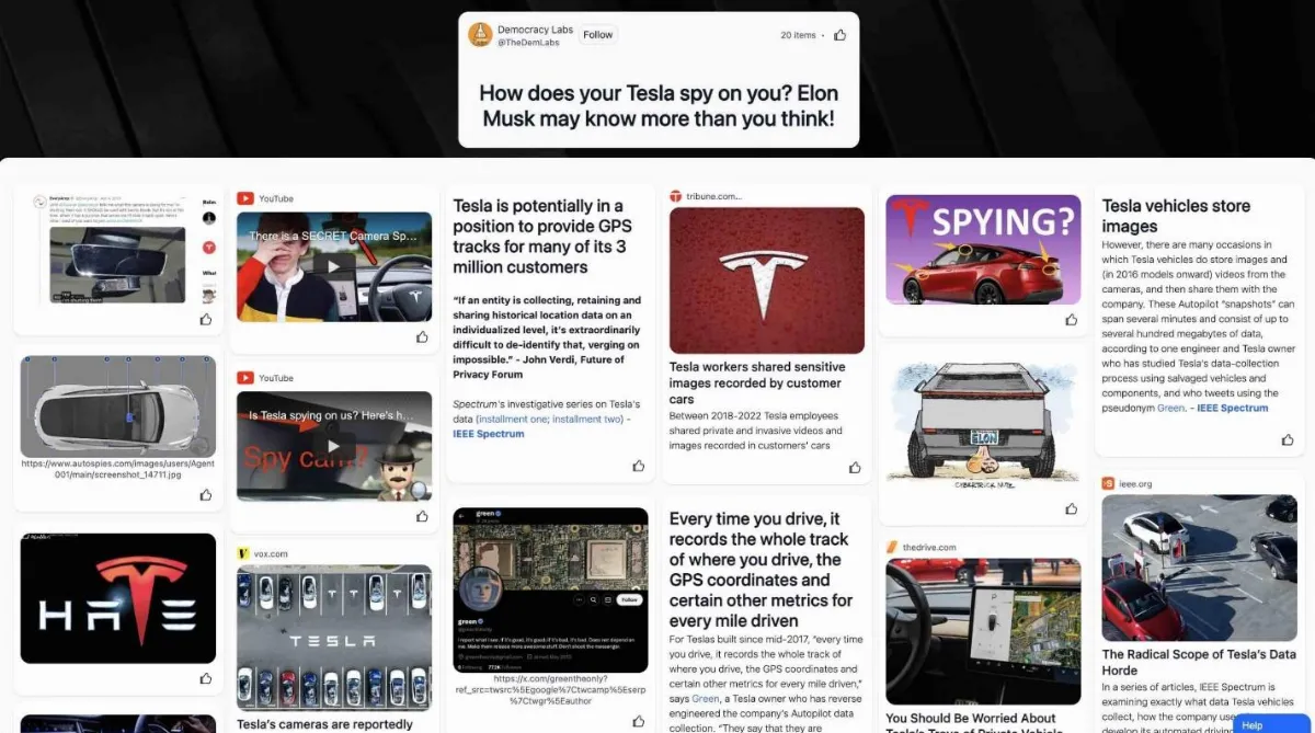 Democracy Labs collage of articles asking how Tesla cars collect camera and location data from drivers