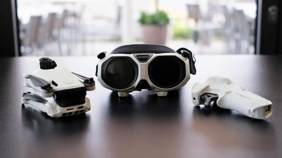 Insta360 Antigravity A1 drone, goggles and grip controller on a table