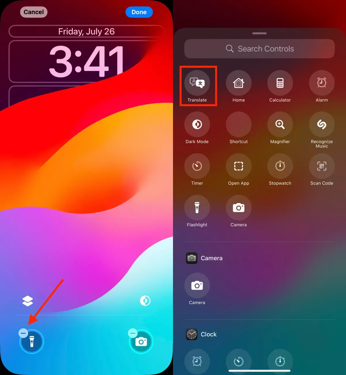 iPhone Lock Screen editor in iOS 18, with an arrow pointing to the flashlight control