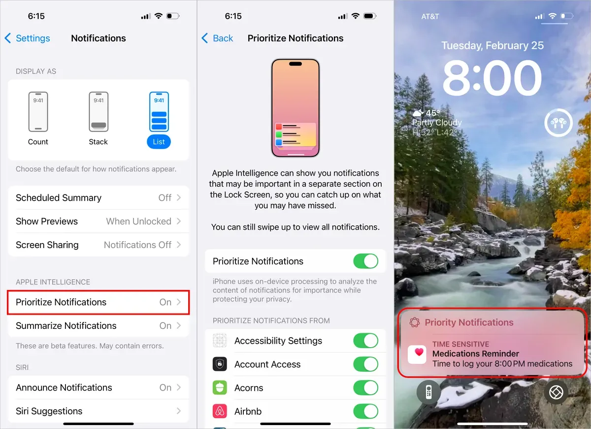 iOS 18 Controls gallery with Translate highlighted, the Prioritize Notifications setting, and a priority notification on the Lock Screen