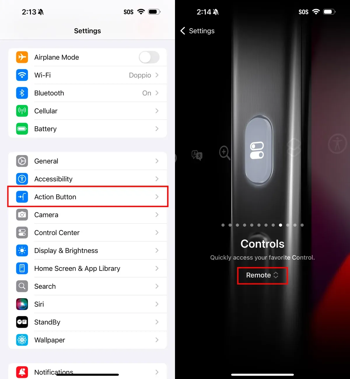 iPhone Settings with Action Button highlighted, and the Action Button set to the Remote control