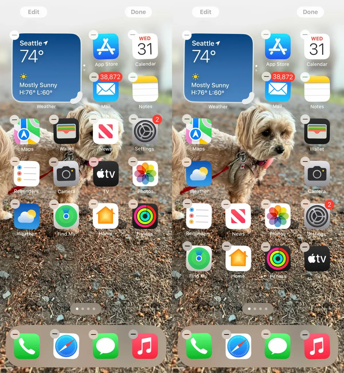 iPhone Home Screen in edit mode in iOS 18, before and after resizing apps and widgets