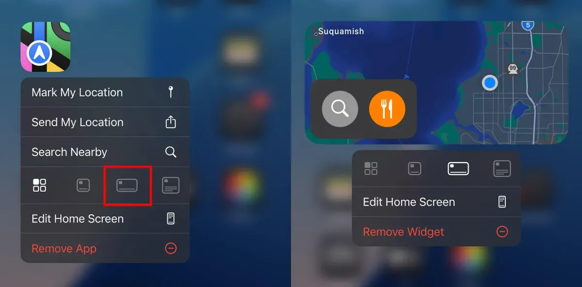 Long-press menu on the Maps app in iOS 18 for switching it to a larger widget