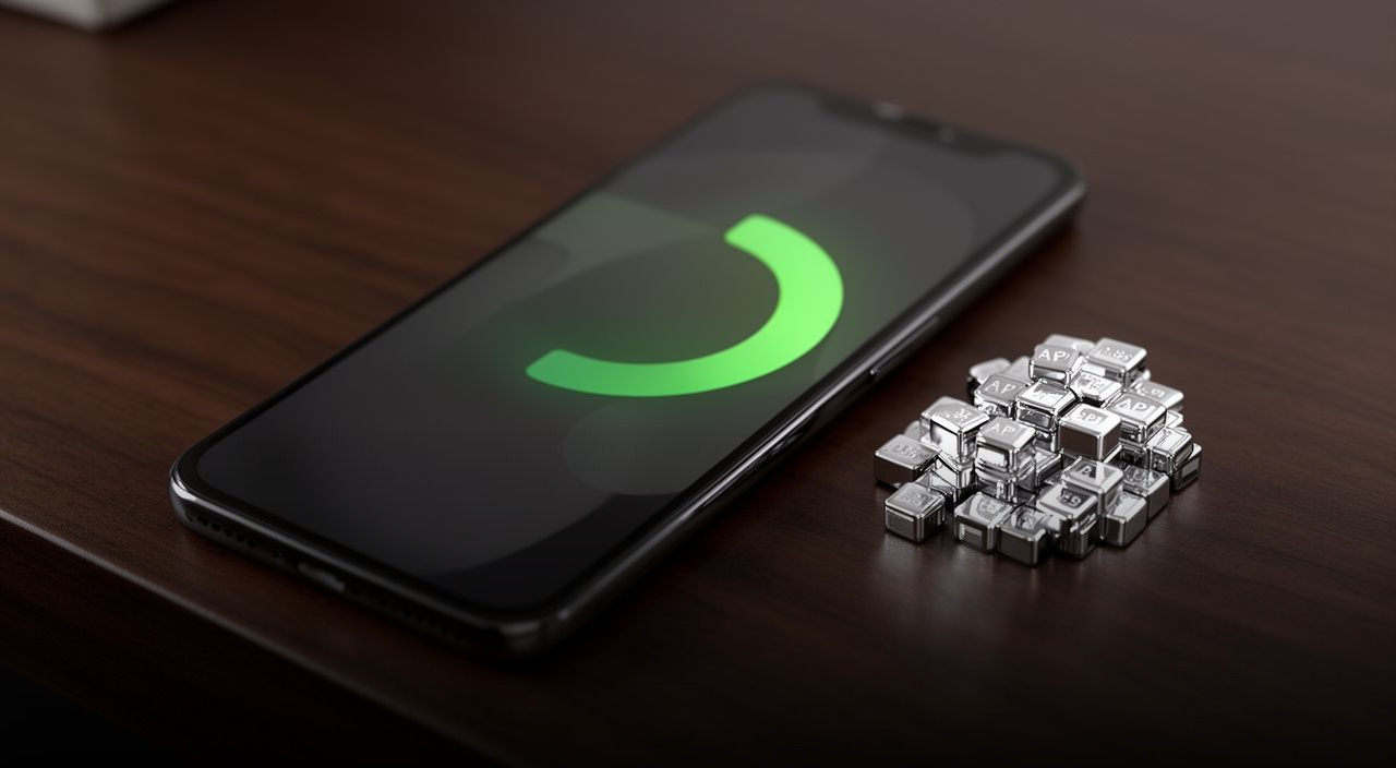 Smartphone on a wooden desk showing a green loading circle next to a cluster of silver cubes labeled API