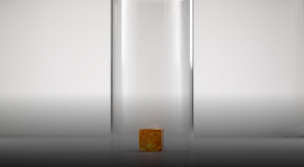 A tiny glowing amber cube rests inside the base of a massive, tall glass cylinder, illustrating limited content within a large context window