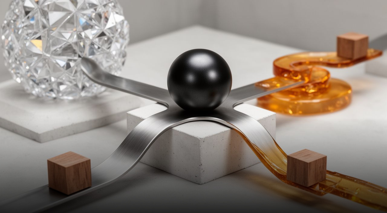 Abstract diorama of a black sphere on a concrete hub routing data via metal and amber paths to crystal and wood structures