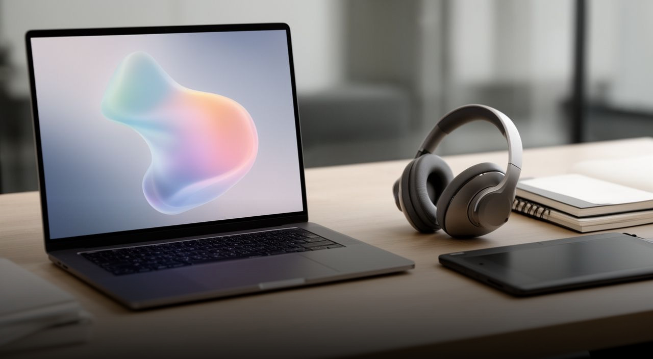 Modern desk setup with a laptop showing abstract art, wireless headphones, and a digital tablet