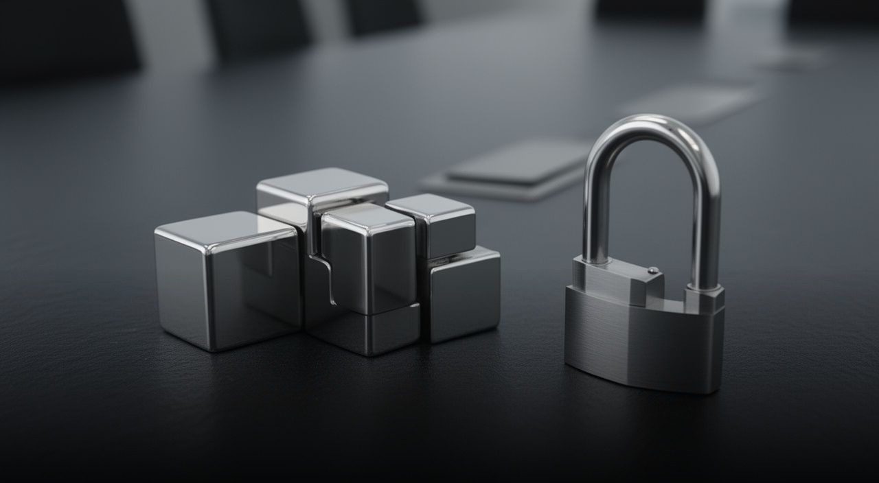 Silver interlocking metal cubes and a padlock resting on a dark slate boardroom table