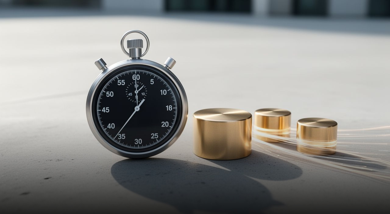 Analog stopwatch and three brass nodes connected by glowing fiber optic threads on concrete