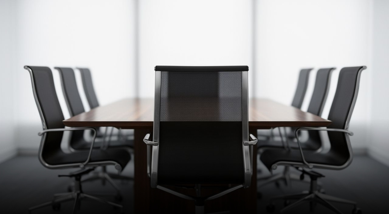 Row of sleek black mesh office chairs surrounding a wooden conference table in a modern meeting room