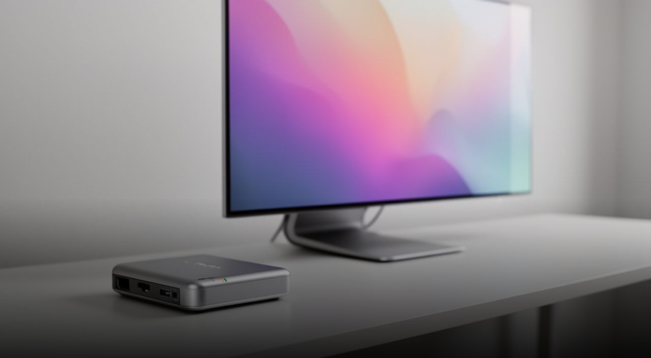 A modern monitor with a colorful abstract screen sits behind a silver wireless docking hub on a clean white desk