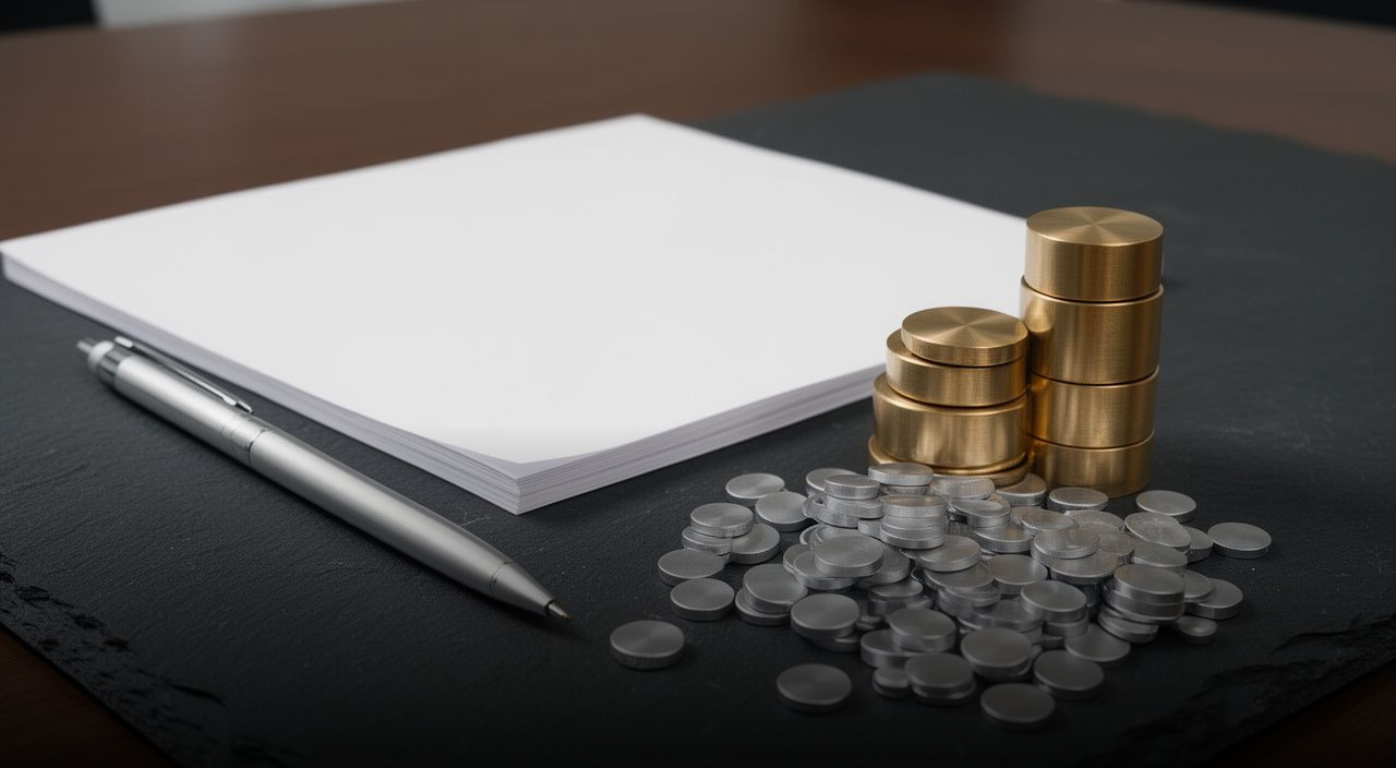 Blank contract and pen on a slate surface next to stacked brass cylinders and scattered silver tokens representing pricing tiers