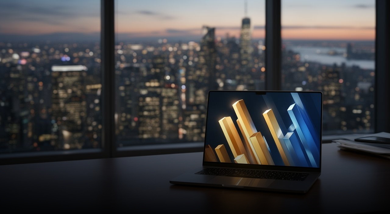 Laptop on a desk showing a 3D gold and blue bar chart, set against a blurred city skyline at dusk