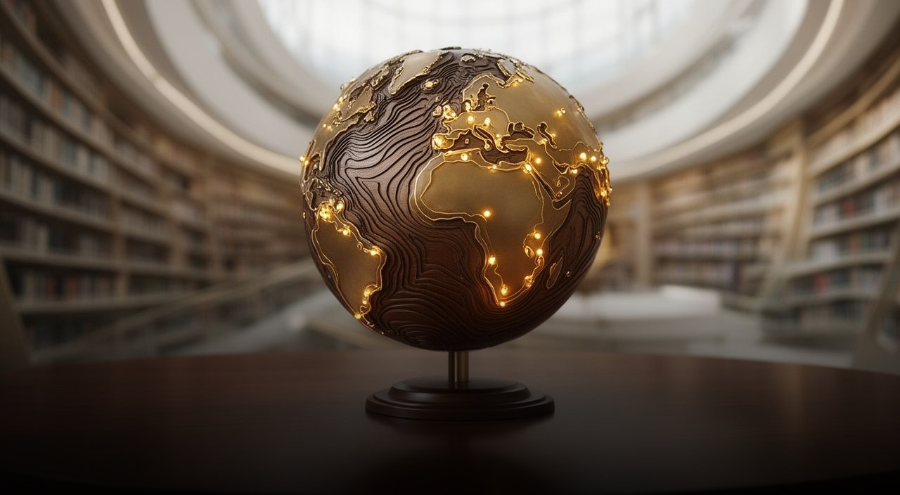 A topographic globe with glowing gold nodes sits on a wooden table in front of blurred library shelves