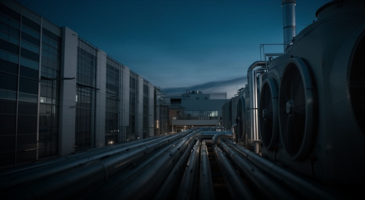 Rows of large industrial cooling fans and thick silver pipes running alongside a modern data center building at twilight