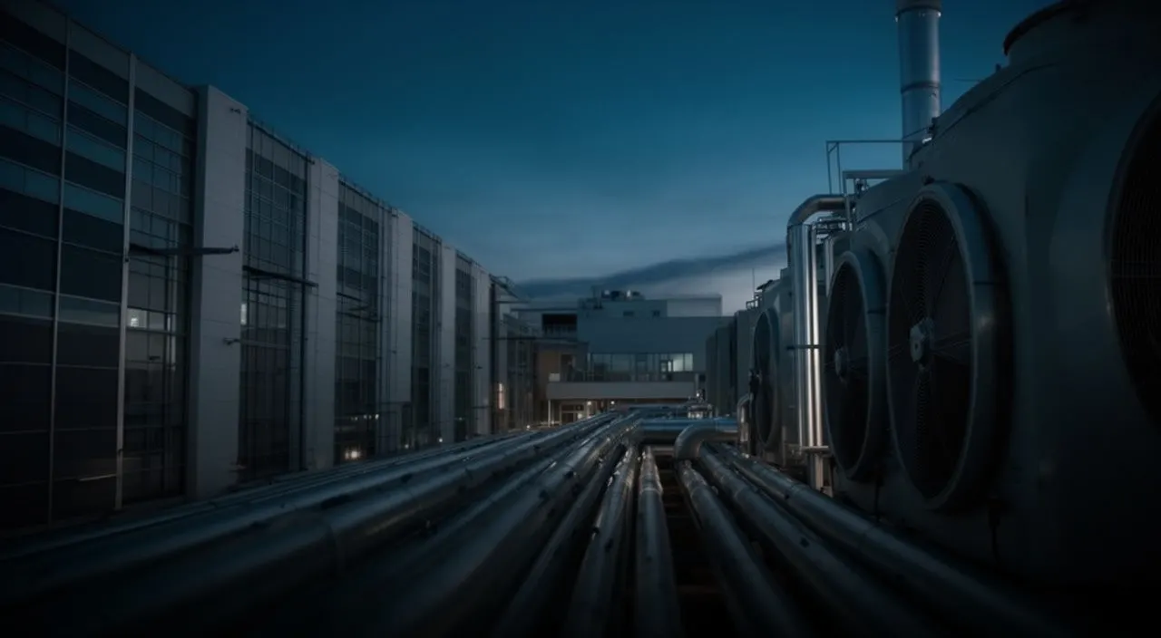 Rows of large industrial cooling fans and thick silver pipes running alongside a modern data center building at twilight