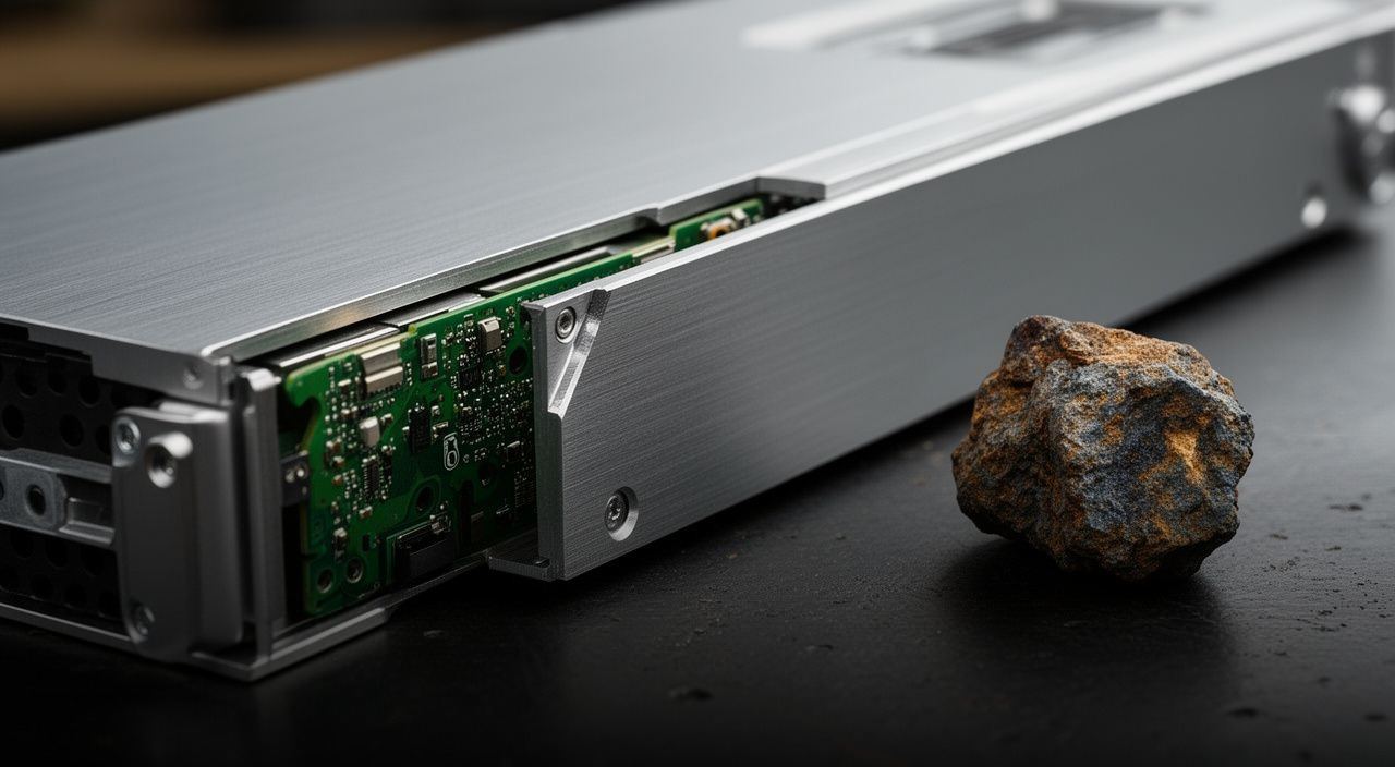 Close-up of a silver server unit with exposed green circuitry next to a raw rock on a dark table