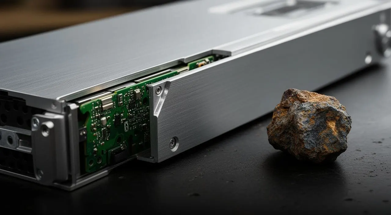 Close-up of a silver server unit with exposed green circuitry next to a raw rock on a dark table