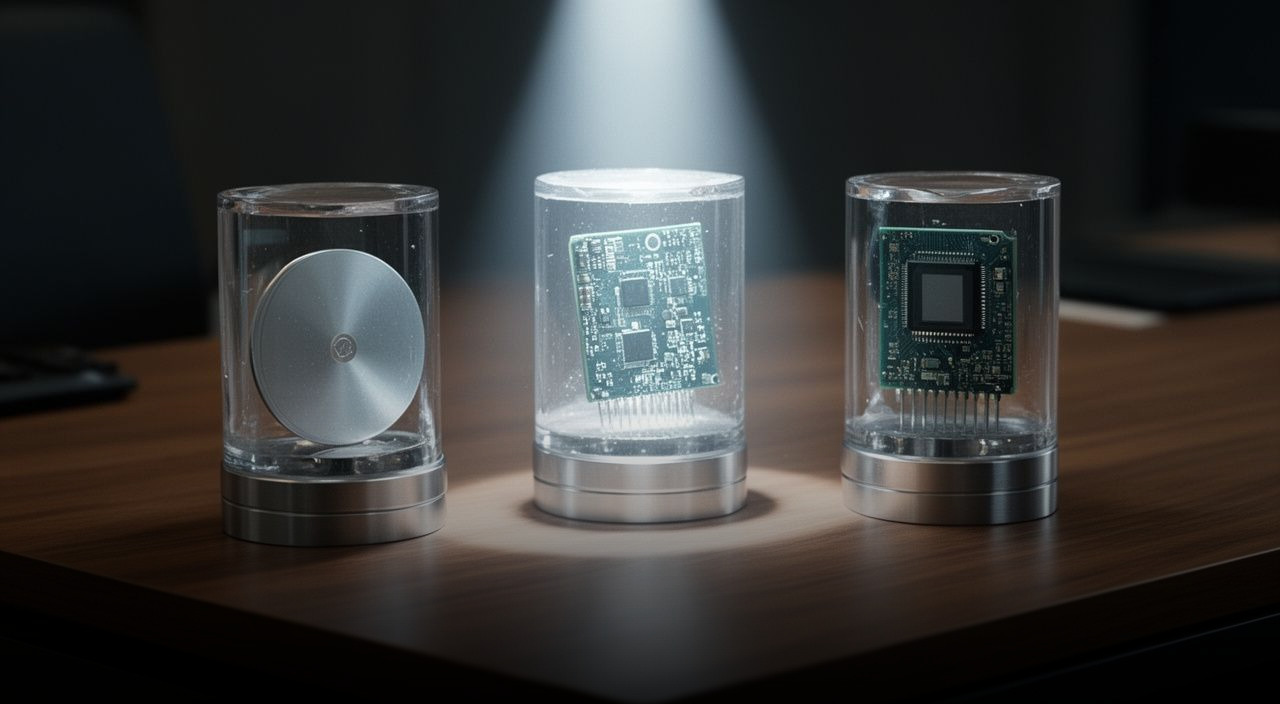 Three glass cylinders on a desk displaying a metal disc, a circuit board, and a microchip to illustrate hardware supply chain stages