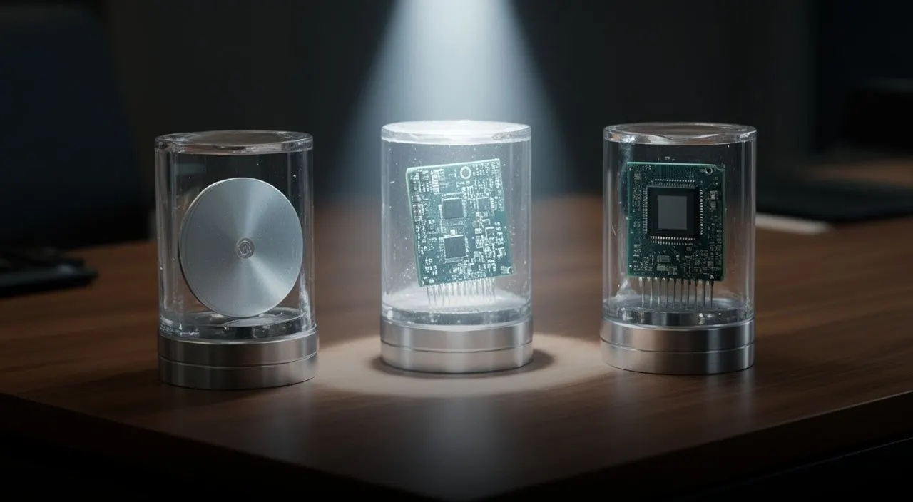 Three glass cylinders on a desk displaying a metal disc, a circuit board, and a microchip to illustrate hardware supply chain stages