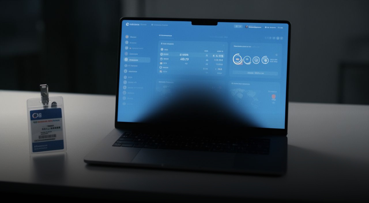 Laptop on a desk showing a blue dashboard partially obscured by a rising dark shadow, with an ID badge nearby
