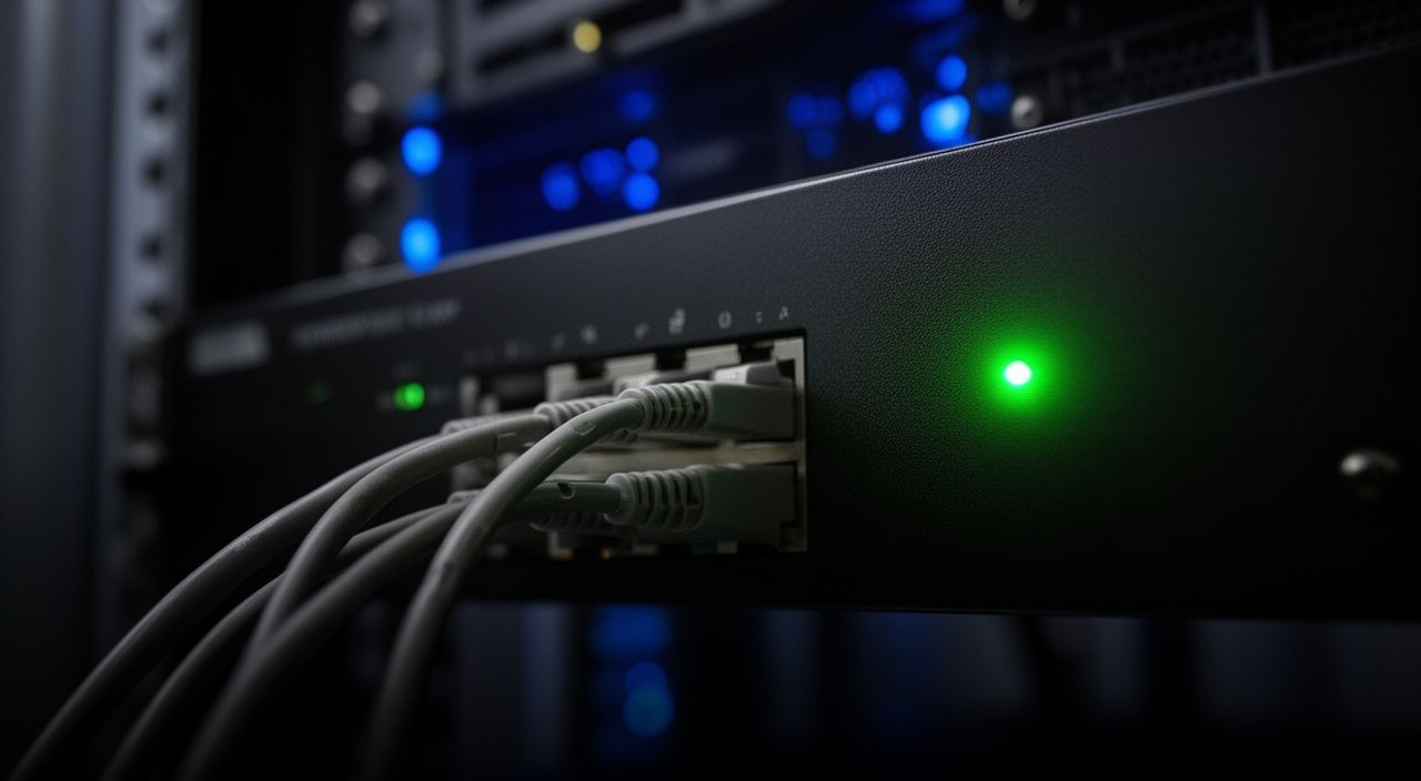 Close-up of a rack-mounted network firewall with a glowing green LED and grey ethernet cables connected to the front panel