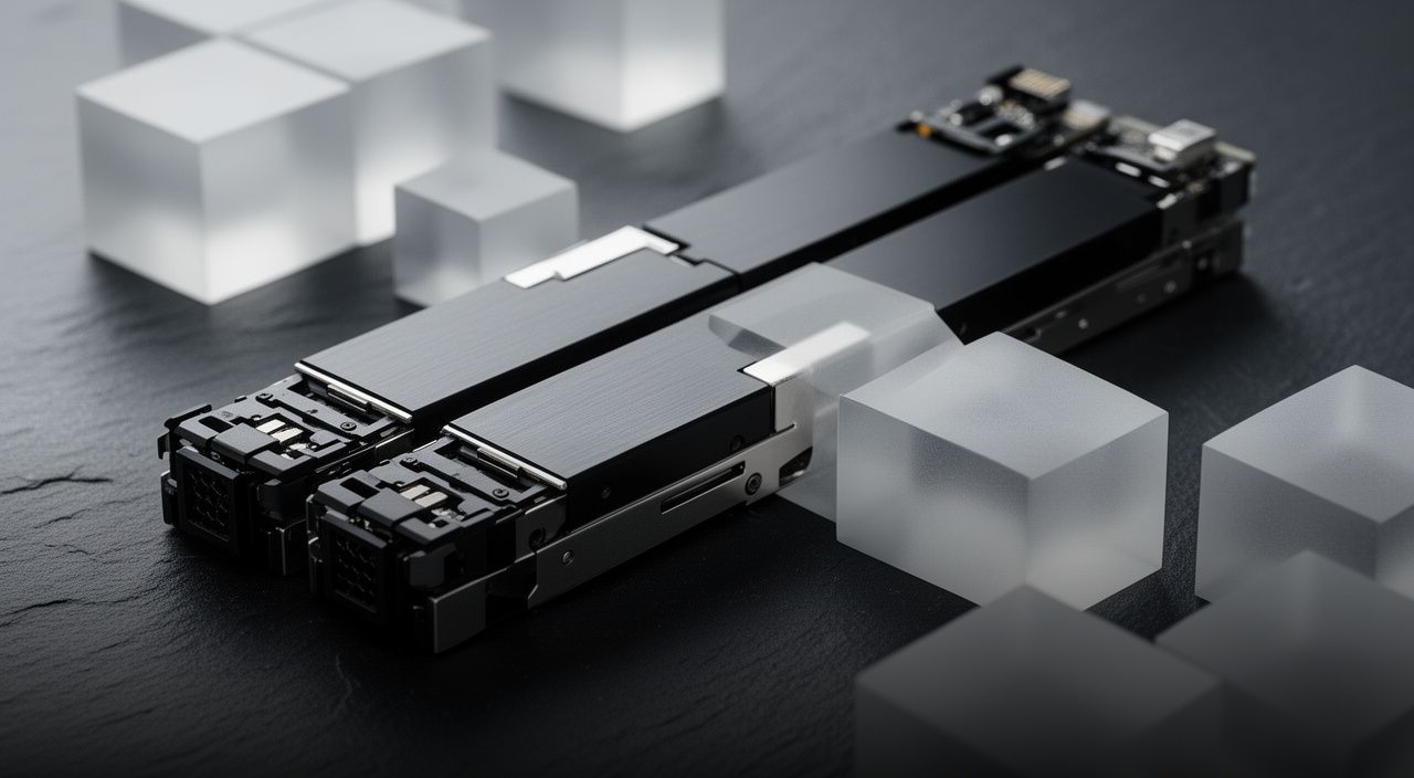 Macro shot of black modular server blades and frosted geometric cubes on a dark slate surface representing cloud architecture