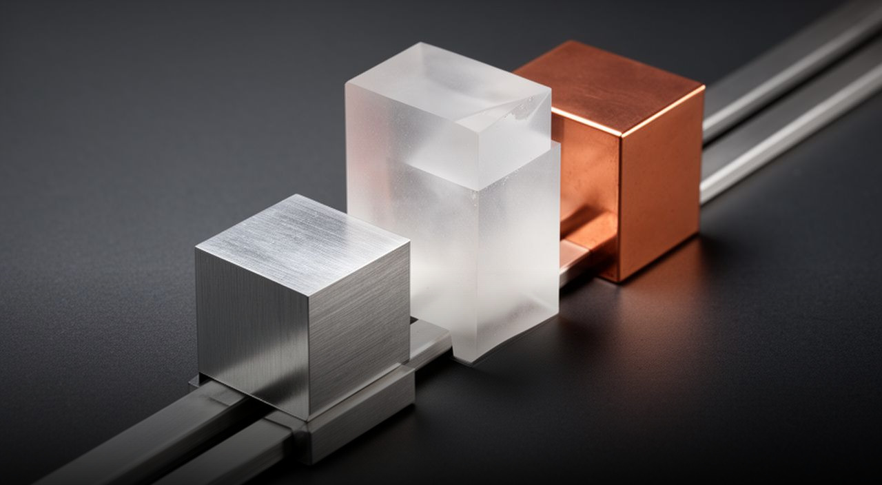 Three ascending blocks of steel, frosted resin, and copper connected by a metal rail on a dark background