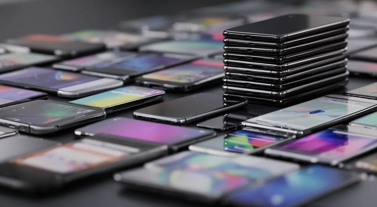 Dozens of unbranded smartphones scattered on a dark table with colorful screens, featuring a tall stack of black phones in the rear