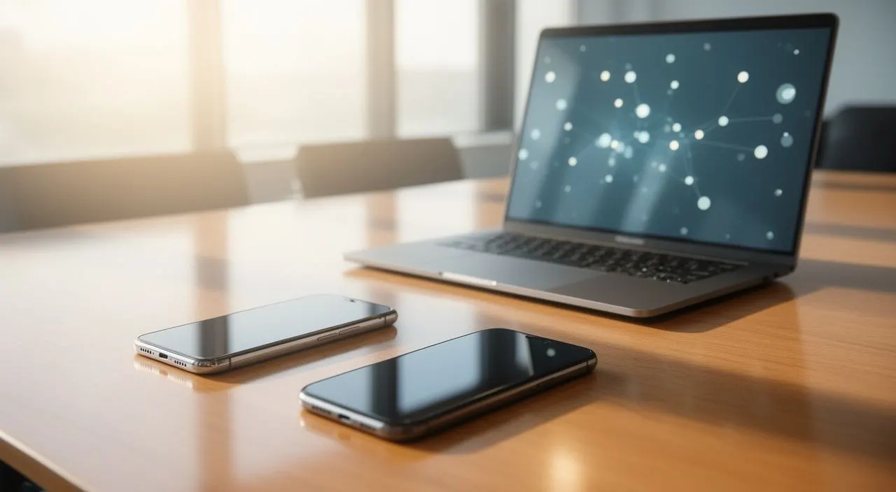 Two smartphones and a laptop showing a network graph on a sunlit wooden boardroom table