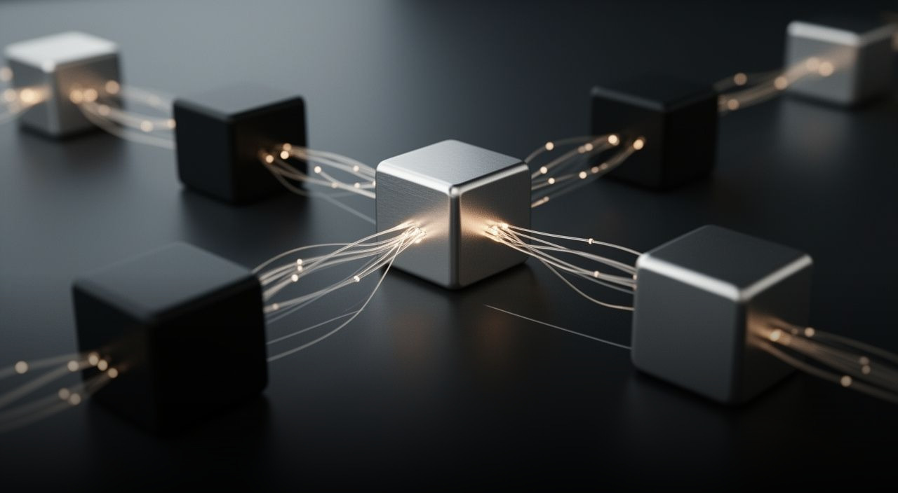 Network of black and silver modular cubes connected by glowing fiber-optic threads on a dark surface, illustrating AI agent architecture