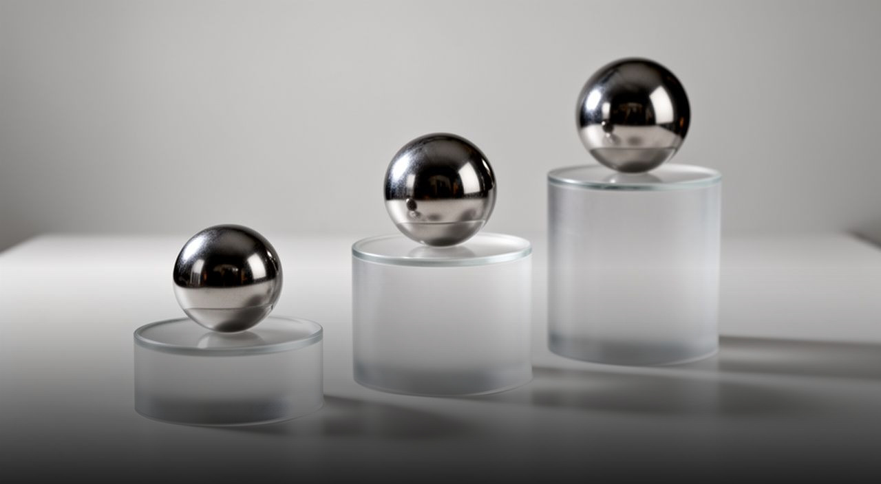 Three frosted glass cylinders of rising height arranged in a step pattern, each topped with a reflective silver sphere