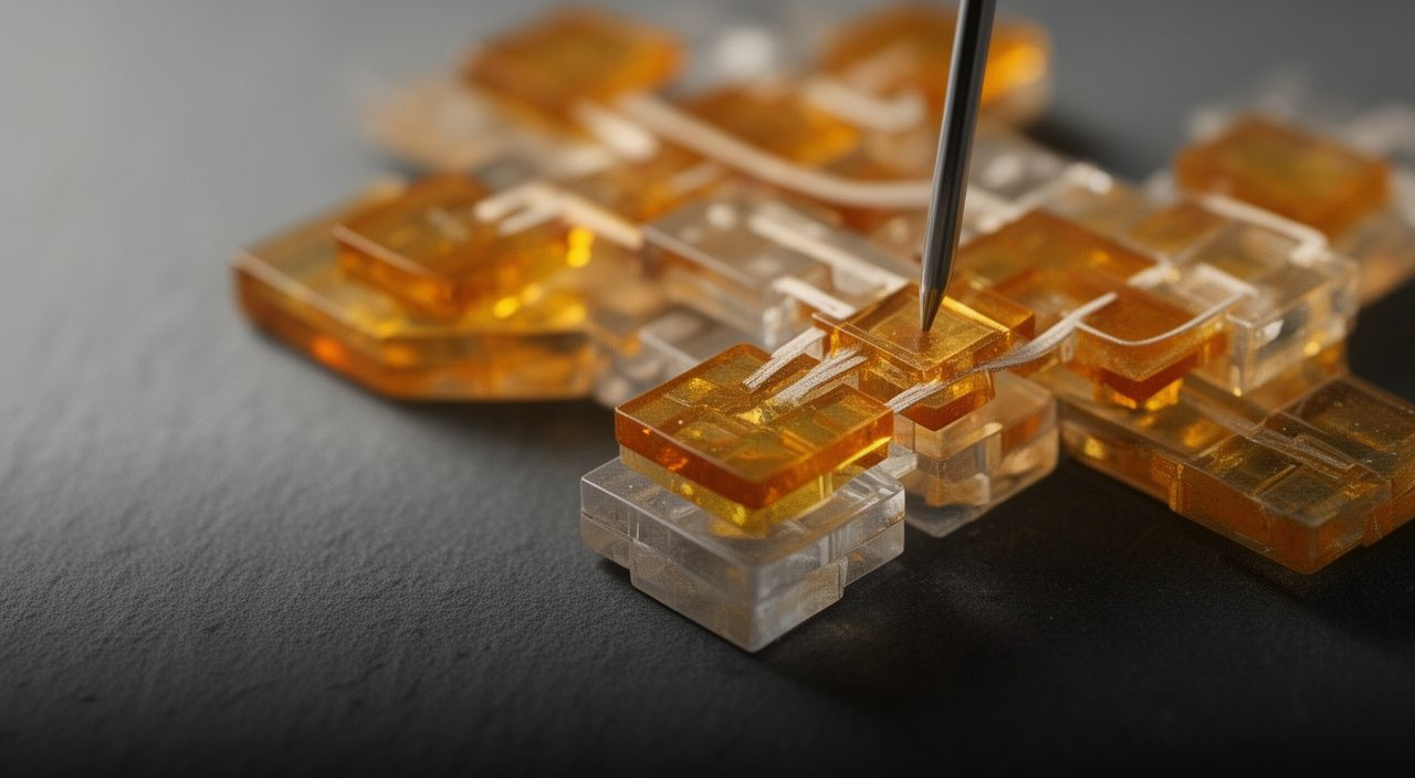 Macro photo of interlocking amber and clear acrylic tiles forming a logic path on slate, with a steel pin highlighting a specific node