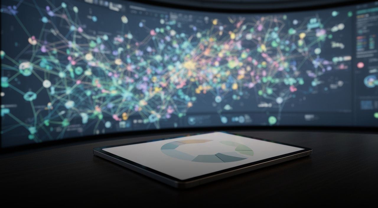 Tablet with abstract chart on desk before large curved screen showing colorful smart grid network