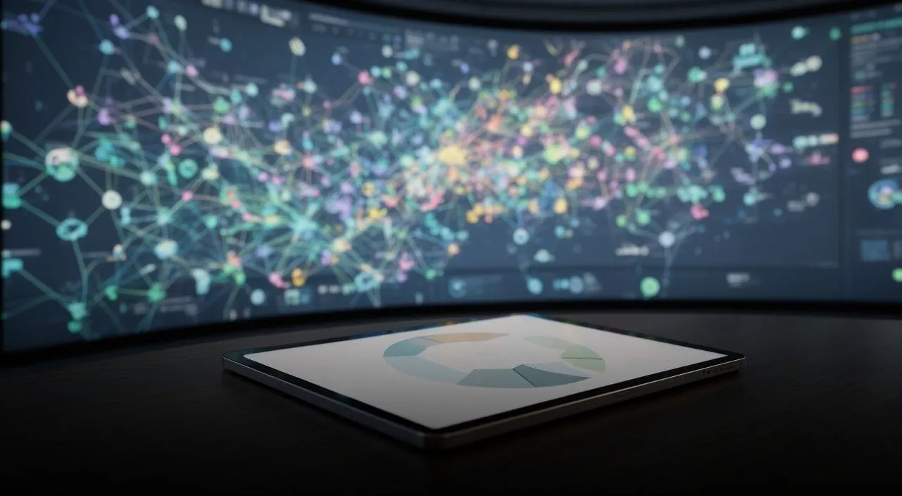 Tablet with abstract chart on desk before large curved screen showing colorful smart grid network