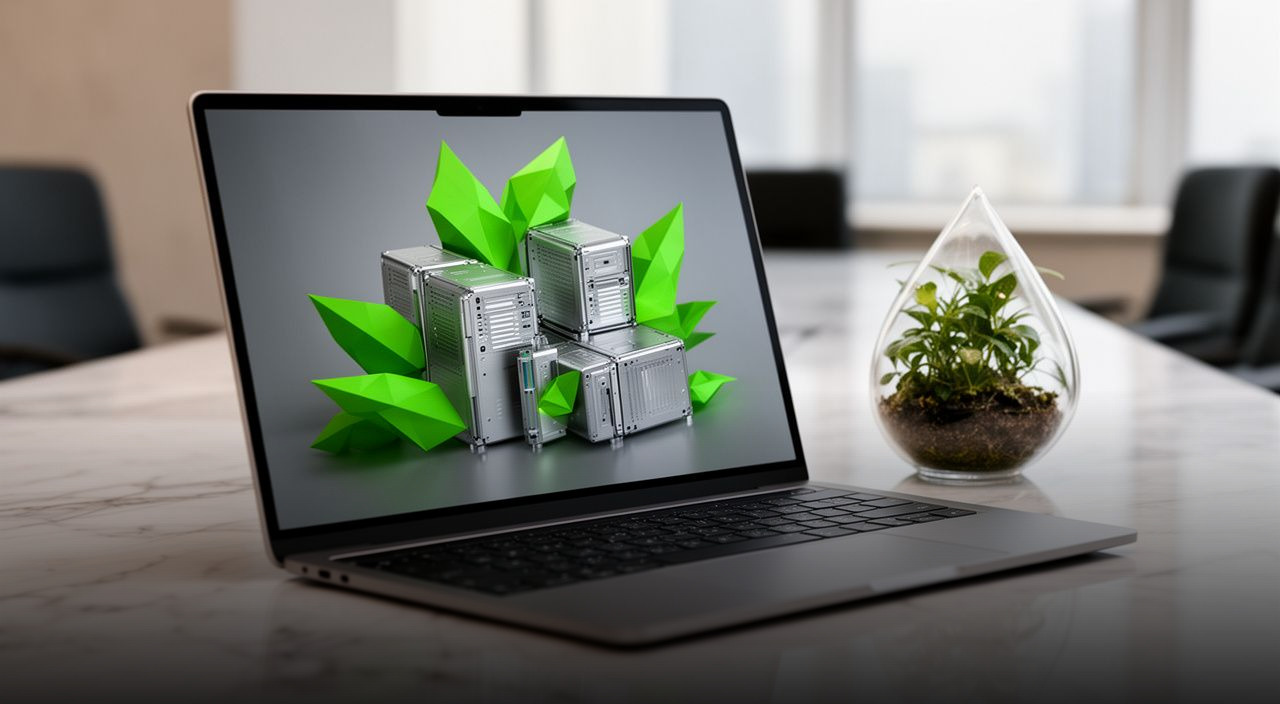 Laptop on marble table showing 3D servers with green leaves, next to a glass terrarium plant