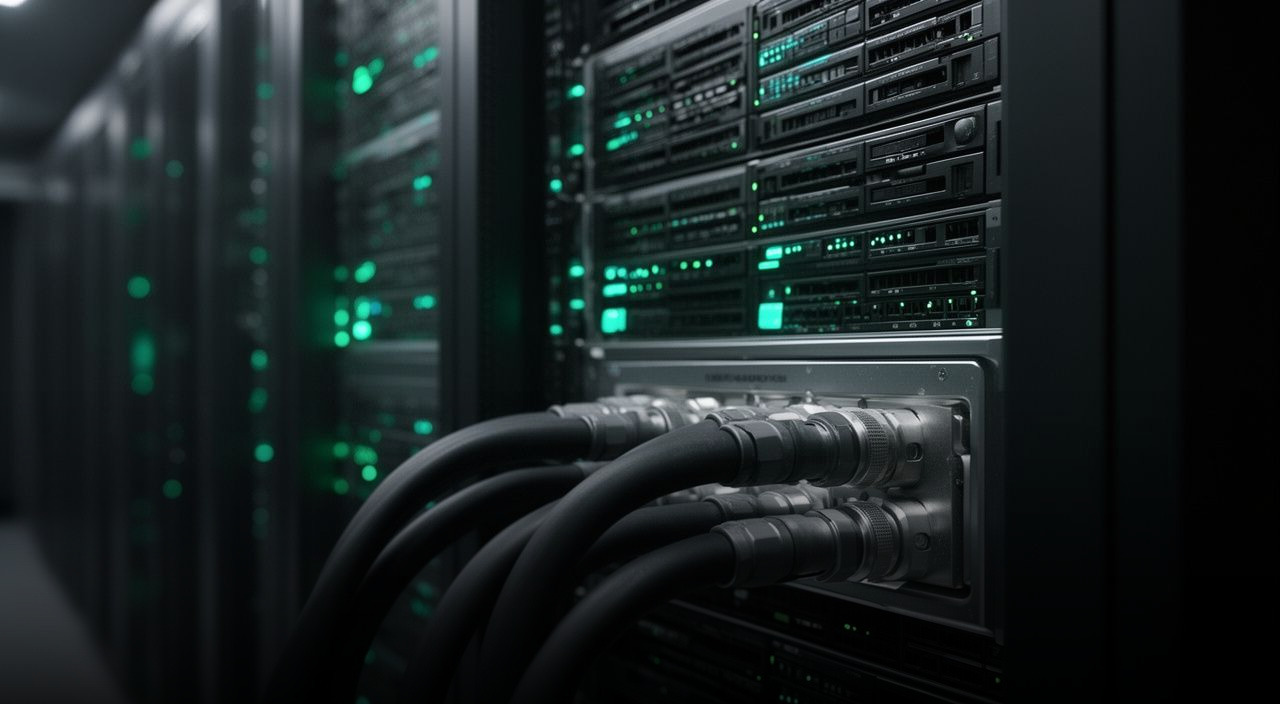 Close-up of server racks with green LED indicators and thick black liquid cooling hoses connected to a chassis