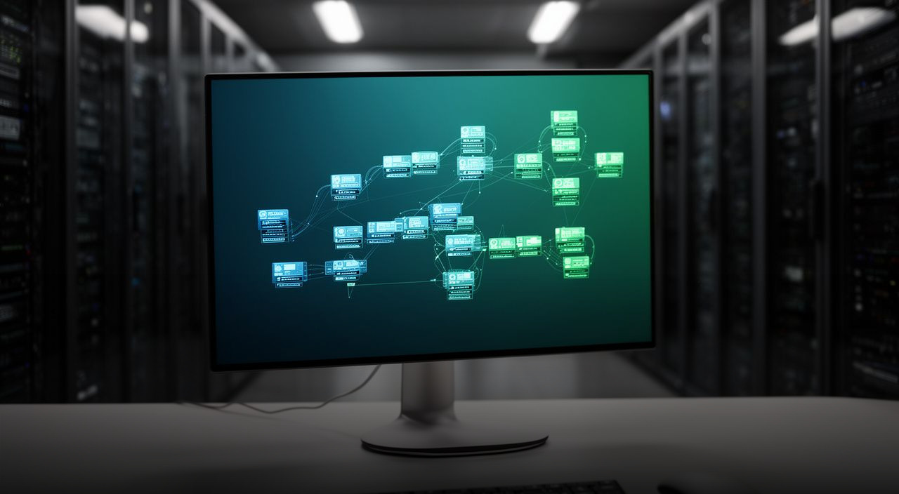 Monitor in a server room displaying a secure AI workflow diagram with connected blue and green nodes